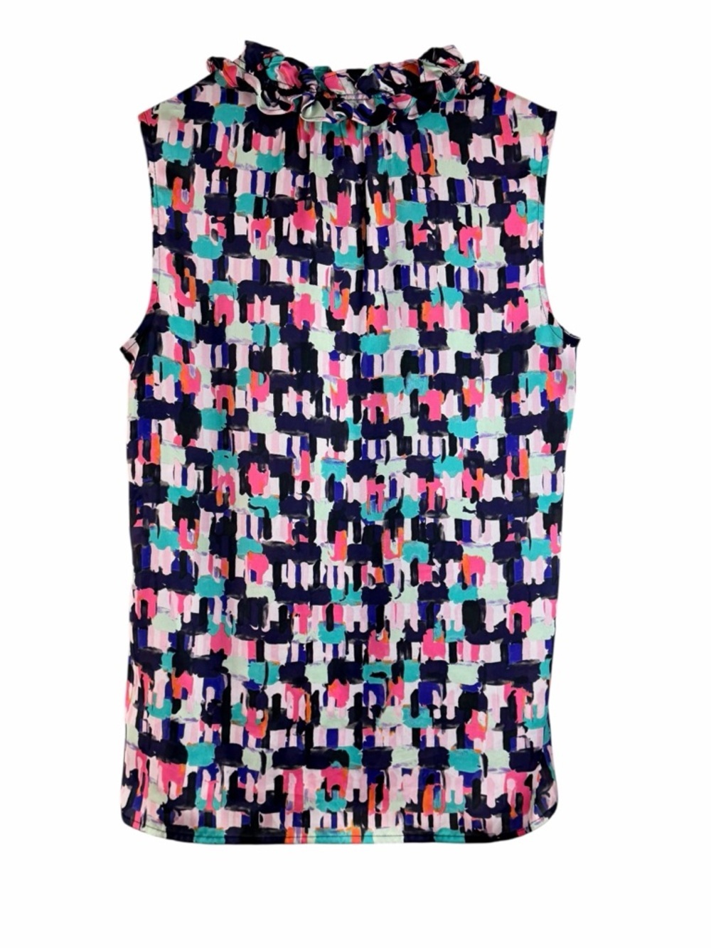 Nine West Abstract Print Ruffle Neck Sleeveless Blouse XS Pink Tea - Picture 2 of 4